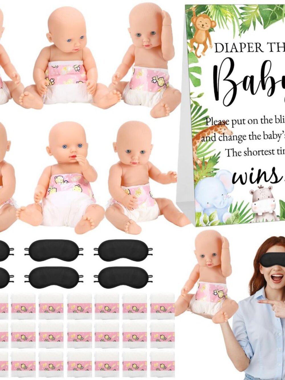 37 Pcs Baby Shower Diaper Changing Game Supplies Including Dolls Blindfold Diape